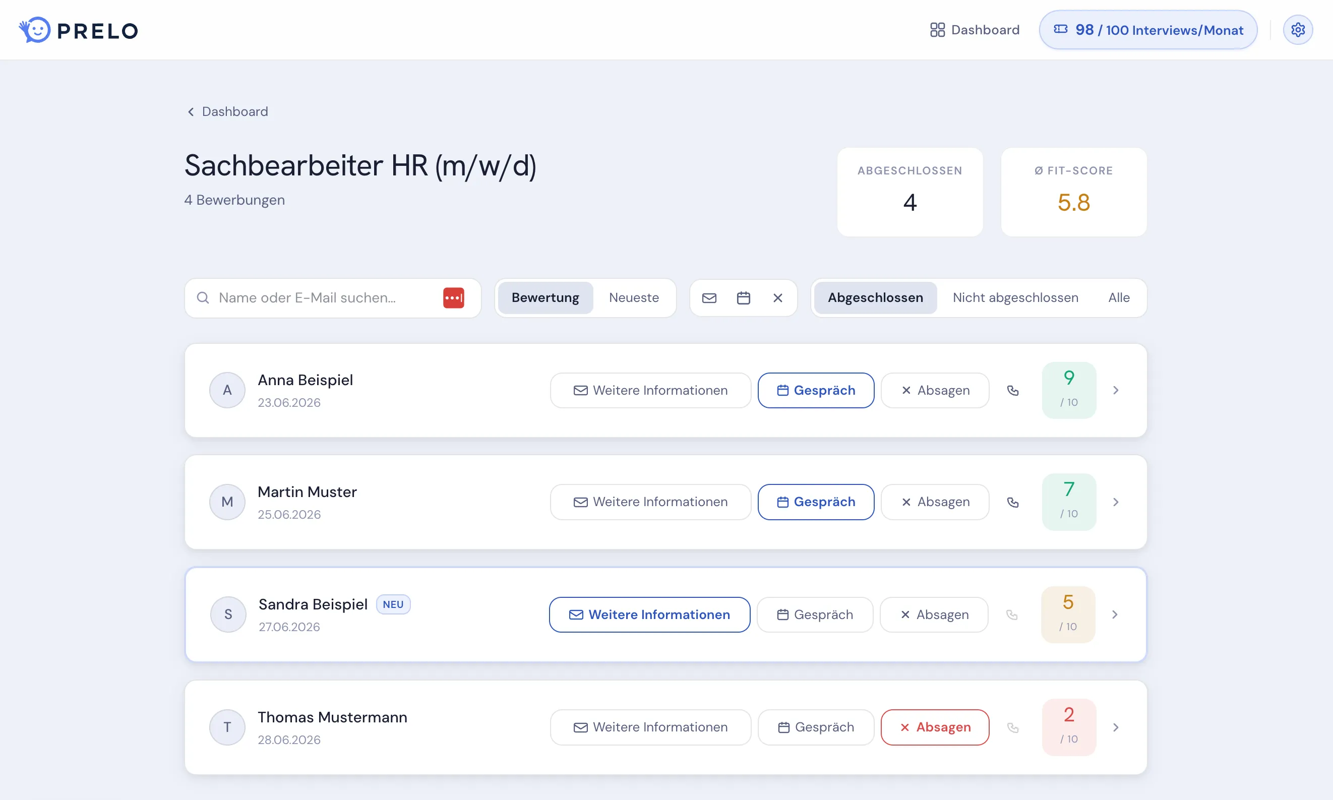 PRELO Dashboard: Kandidatenübersicht einer Stelle mit Suche, Filtern, Passungsindikator je Kandidat:in und Aktionen wie Gespräch vereinbaren oder absagen