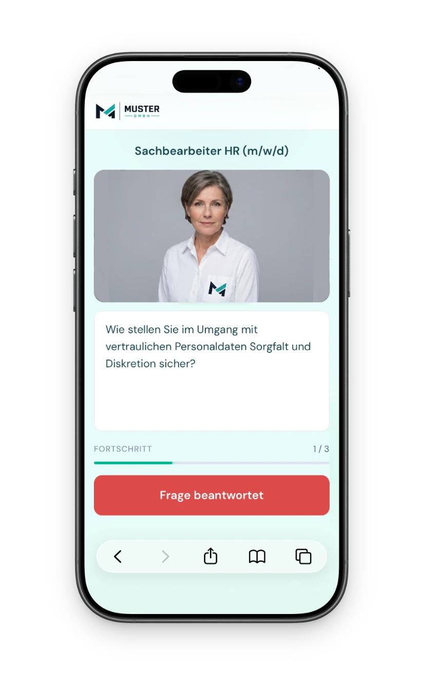 PRELO Erstgespräch im White-Label-Design eines Beispielkunden: eigenes Logo, eigene Farben und ein individueller digitaler Assistent